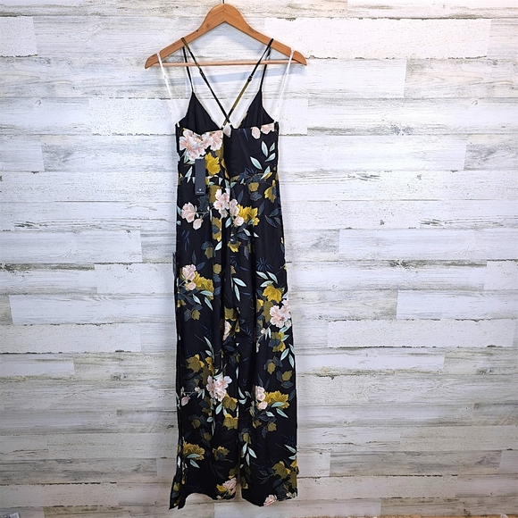 Lulus Beautiful Blooms Black Floral Print Split Wide Leg Jumpsuit Sz Small Boho - Picture 4 of 15